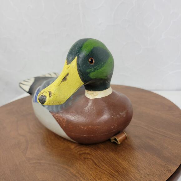Vintage Signed Wood Carved Peabody Hotel Drake Mallard Duck Decoy Glass Eyes - Picture 11 of 16